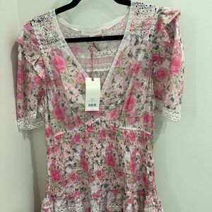 NWT LoveShackFancy Rena Magenta Flower Fields Mini Dress